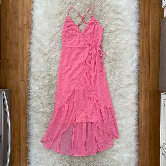 Lulus Bubblegum Pink Swiss Dot Effortlessly Easy High-Low Midi Wrap Dress XS - Picture 2 of 12